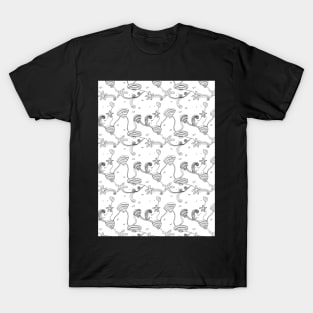 Whimsical Sea Shell Pattern in Black and White T-Shirt